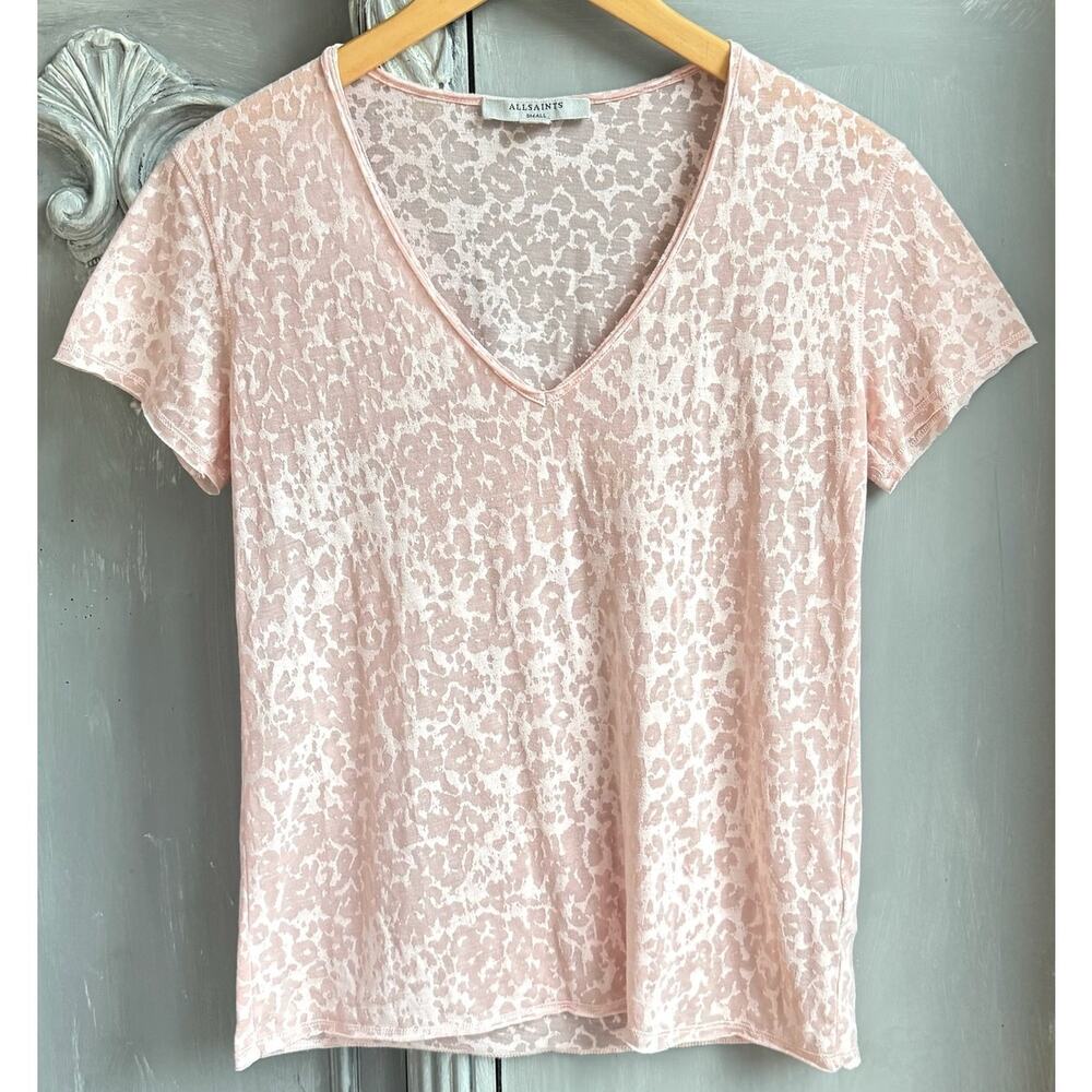 ALLSAINTS Cheetah Print Sheer V-Neck T-Shirt Pink Small